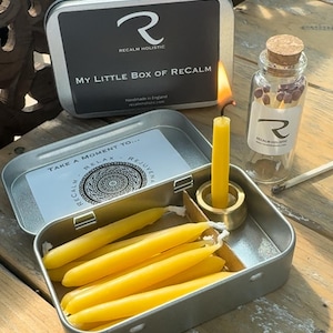 Beeswax Mini Candle Set: My Little Box of ReCalm, Brass Stand
