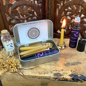 MINDFUL MOMENTS, My Little Box of Calm, My Little Box of ReCalm, Meditation Candles, Beeswax Candles, Travel Candles, Calming Body Oil, Taper Candles, Glass Jar of Matches, Unique Gift, Travel Candles, Gifts in Tin Boxes, Tin Box, Roll on Oil