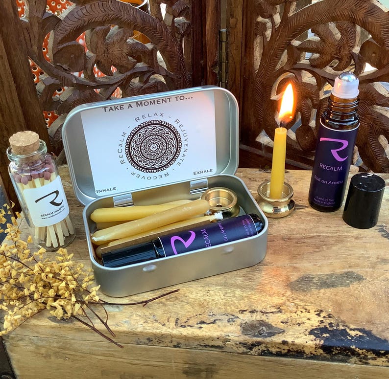 MINDFUL MOMENTS, My Little Box of Calm, My Little Box of ReCalm, Meditation Candles, Beeswax Candles, Travel Candles, Calming Body Oil, Taper Candles, Glass Jar of Matches, Unique Gift, Travel Candles, Gifts in Tin Boxes, Tin Box, Roll on Oil