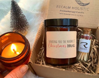 Christmas Hug Gift Box, Send a Hug Candle, Long Distance Christmas Gift, Vegan Soy Candle with Matches, Secret Santa Holiday Gift For Friend