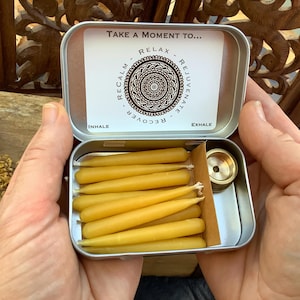 Beeswax Candles, Mindful Moments, Relaxation Gift, Mindful Moments, Mindfulness Gift, ReCalm Holistic, 20 Minute Candles, Brass Candle Stand, Meditation Candles, Yoga, Yoga Gift, Birthday Gift for her, Birthday Gift for him, Travel Candles, Calming
