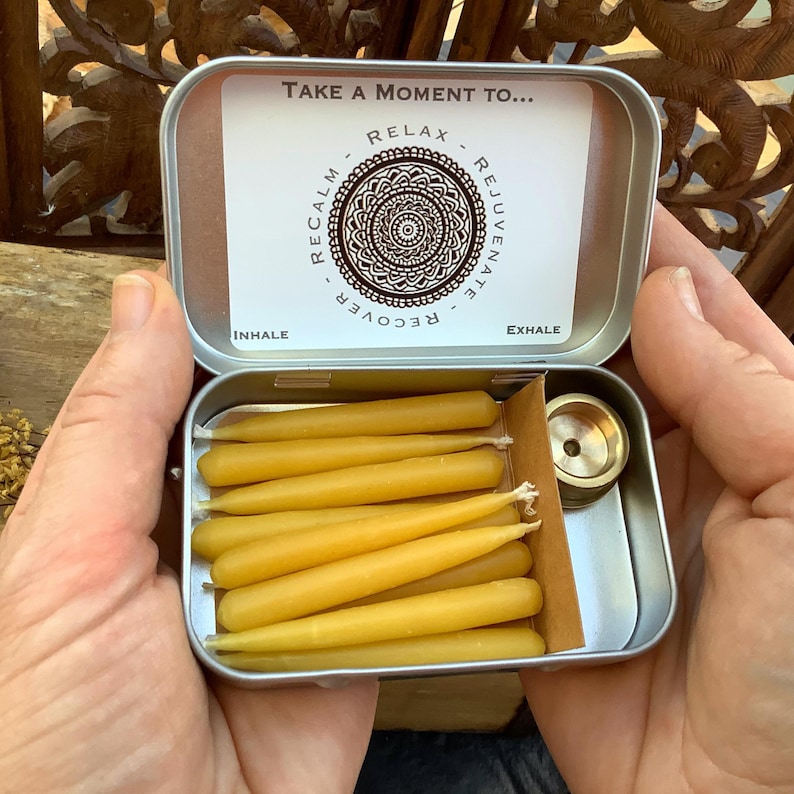 Beeswax Candles, Mindful Moments, Relaxation Gift, Mindful Moments, Mindfulness Gift, ReCalm Holistic, 20 Minute Candles, Brass Candle Stand, Meditation Candles, Yoga, Yoga Gift, Birthday Gift for her, Birthday Gift for him, Travel Candles, Calming