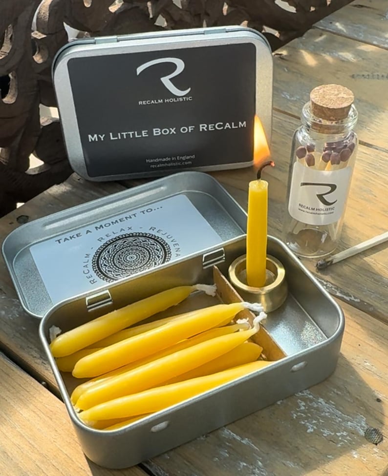My Little Box of ReCalm®, Meditation Candles, Mindfulness Gift, Mini Beeswax Candles, Birthday for her him, Relaxation Gift, Self Care Gift Boxed Set+Matches