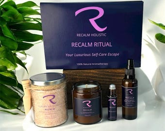 Aromatherapy Spa Gift Set | Candle, Bath Salts, Room Mist & Essential Oil Pulse Point Roll On | Self Care Relaxation Gift Box for Her