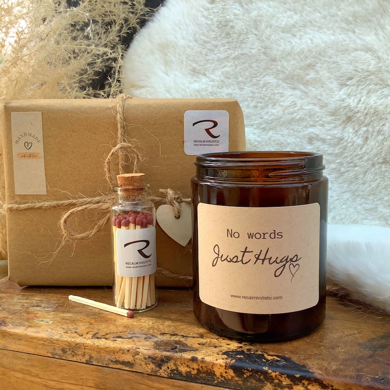 No words just hugs, Jar of matches, Sympathy Candle, Sympathy Gift, Handmade Candle, Heart, Heartwarming Gift, Thinking of you, Thinking of you candle, Thinking of you gift, Recalm Holistic, Hugs, Hug in a jar, Hug gift, Thoughtful gift, Big Hug