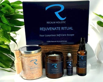 Rejuvenate Ritual, Wellbeing Gift Set, Self-Care Artisan Handmade Luxury Aromatherapy Gift Set, candle, bath salts, pulse points, room spray