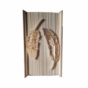 Puede incluir: Una escultura de arte de libro con dos plumas marrones dobladas en las páginas. El libro está cerrado y de pie.