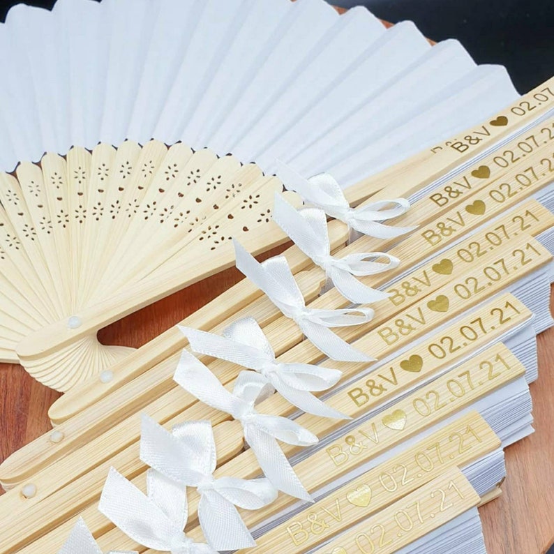 Personalized white paper fans for weddings, birthdays, bachelorette parties, guest gifts... image 1