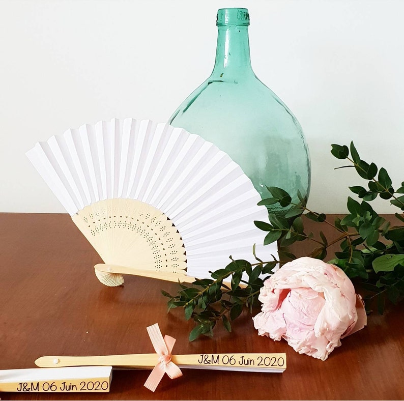 Personalized white paper fans for weddings, birthdays, bachelorette parties, guest gifts... image 4