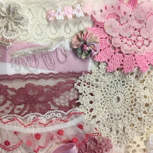 Pop of pink vintage lace and motif embellishment pack. Great for textile projects, slow stitching, art journals, card making. Pink lace 9.