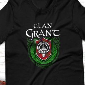 Clan Grant Scottish Tartan T-Shirt with Clan Crest Badge, Motto, and Surname of Family