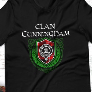 Clan Cunningham Scottish Tartan T-Shirt with Clan Crest Badge, Motto, and Surname of Family