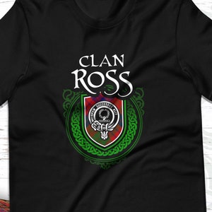 Clan Ross Scottish Tartan T-Shirt with Clan Crest Badge, Motto, and Surname of Family