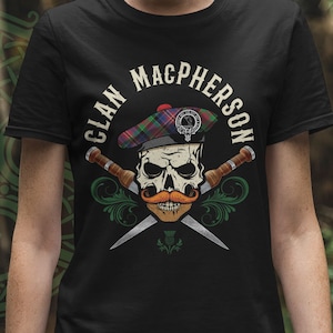 Clan MacPherson Scottish Tartan Unisex T Shirt, Biker Skull, MacPherson Tshirt, MacPherson Surname, MacPherson Family Reunion, Tam, Dirk