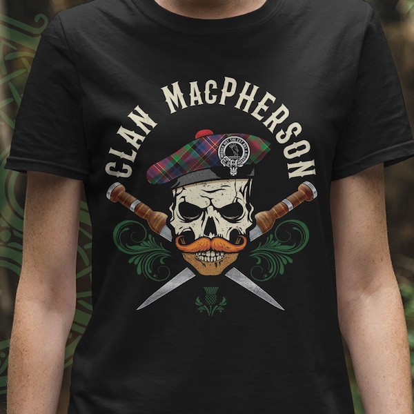 Clan MacPherson Scottish Tartan Unisex T Shirt, Biker Skull, MacPherson Tshirt, MacPherson Surname, MacPherson Family Reunion, Tam, Dirk