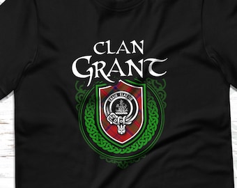 Clan Grant Scottish Tartan T-Shirt with Clan Crest Badge, Motto, and Surname of Family