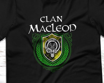 Clan MacLeod Scottish Tartan T-Shirt with Clan Crest Badge, Motto, and Surname of Family