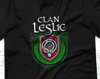 Clan Leslie Scottish Tartan T-Shirt with Clan Crest Badge, Motto, and Surname of Family