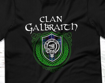 Clan Galbraith Scottish Tartan T-Shirt with Clan Crest Badge, Motto, and Surname of Family