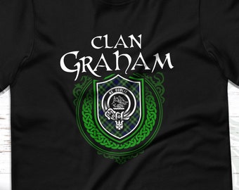 Clan Graham Scottish Tartan T-Shirt with Clan Crest Badge, Motto, and Surname of Family