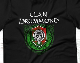 Maglietta in tartan scozzese del clan Drummond con stemma del clan, motto e cognome della famiglia