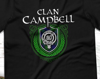 Clan Campbell Scottish Tartan T-Shirt with Clan Crest Badge, Motto, and Surname of Family