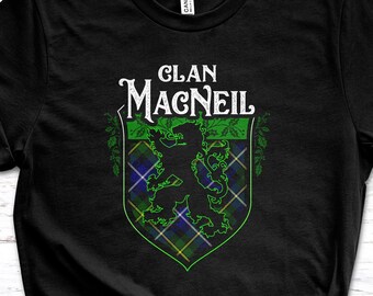 Clan MacNeil Scottish Tartan Lion Rampant Unisex T Shirt, MacNeil Crest, MacNeil Last Name, MacNeil Surname, MacNeil Scottish Tartan, Women