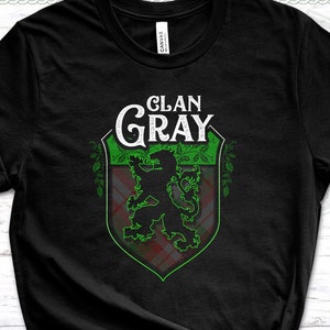 Clan Gray Scottish Tartan Lion Rampant Unisex T Shirt, Gray Crest, Gray Last Name, Gray Surname, Gray Tartan, Women&#39;s T-shirt, Mens shirt
