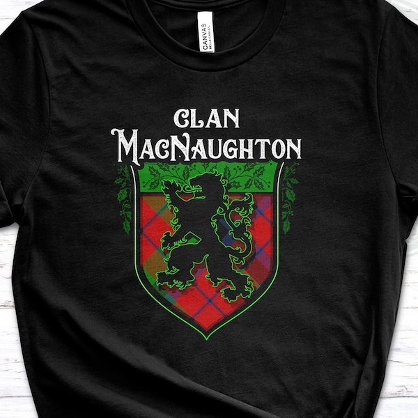 Clan MacNaughton Scottish Tartan Lion Rampant Unisex T Shirt, MacNaughton Crest, MacNaughton Last Name, MacNaughton Surname, Scottish Tartan