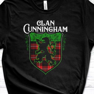 Clan Cunningham Scottish Tartan Lion Rampant Unisex T Shirt, Cunningham Crest, Cunningham Last Name, Cunningham Surname, Cunningham Tartan