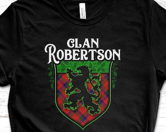 May include: Black t-shirt with a green and red clan crest featuring a lion and the text "Clan Robertson".