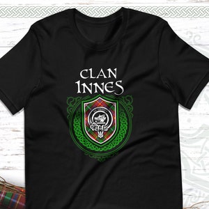 Clan Innes Scottish Tartan T-Shirt with Clan Crest Badge, Motto, and Surname of Family