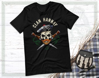 Clan Hannay Tartan T-Shirt, Scottish Biker Skull, Family Reunion Gift