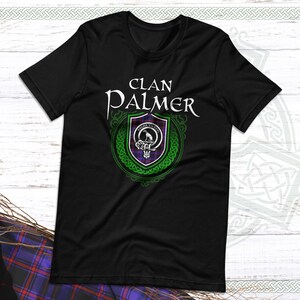 Clan Palmer Scottish Tartan T-Shirt with Clan Crest Badge, Motto, and Surname of Family