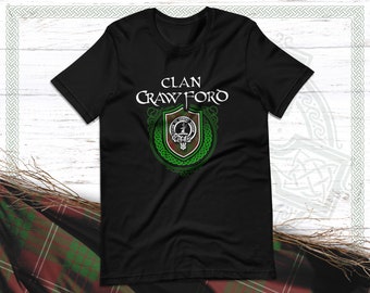 Camiseta escocesa de tartán del clan Crawford con escudo del clan, lema y apellido de la familia