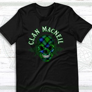 May include: Black t-shirt with a green, blue, and white plaid skull design. The text "Clan MacNeil" is written in a white circle around the skull.