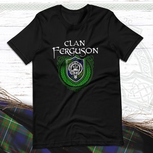 Clan Ferguson Scottish Tartan T-Shirt with Clan Crest Badge, Motto, and Surname of Family
