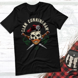 Clan Cunningham Scottish Tartan Unisex T Shirt, Biker Skull, Cunningham Tshirt, Last Name, Cunningham Surname, Cunningham Family, Tam, Dirk