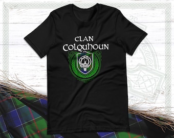 Clan Colquhoun Scottish Tartan T-Shirt with Clan Crest Badge, Motto, and Surname of Family