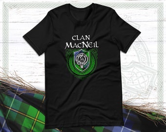 Clan MacNeil Scottish Tartan T-Shirt with Clan Crest Badge, Motto, and Surname of Family