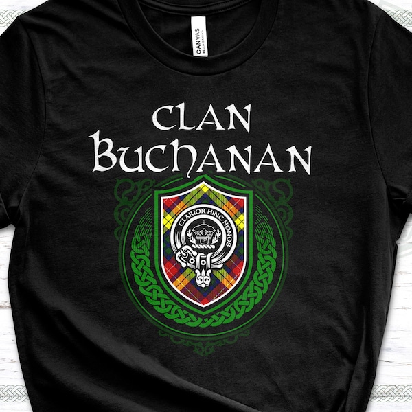 Clan Buchanan Scottish Tartan T-Shirt with Clan Crest Badge, Motto, and Surname of Family