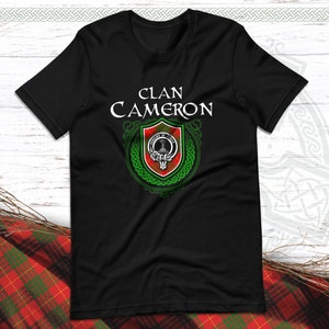 Clan Cameron Scottish Tartan T-Shirt with Clan Crest Badge, Motto, and Surname of Family