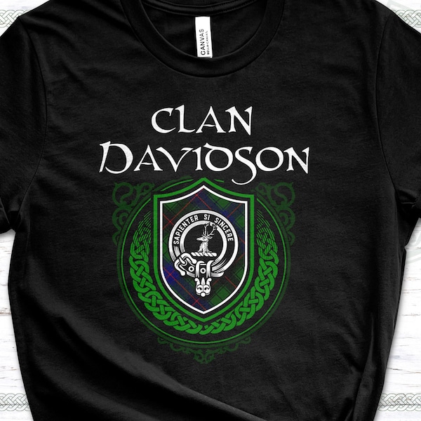 Clan Davidson Scottish Tartan T-Shirt with Clan Crest Badge, Motto, and Surname of Family