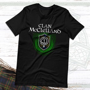 Clan MacLelland Scottish Tartan T-Shirt with Clan Crest Badge, Motto, and McClelland Surname of Family