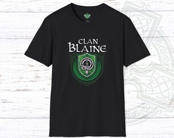 Clan Blaine Scottish Tartan T-Shirt with Clan Crest Badge, Motto, and Surname of Family