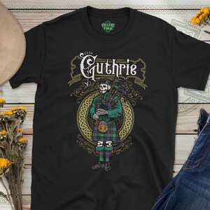 Clan Guthrie Scottish Tartan Bagpiper T-Shirt / Sweatshirt, Skeleton, Comfort Colors, Family Heritage, Bagpipes, Family Reunion