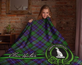 Clan Hunter Scottish Tartan Sherpa Throw Blanket, Plaid Fleece