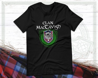 Clan MacTavish Scottish Tartan T-Shirt with Clan Crest Badge, Motto, and Surname of Family