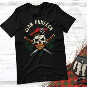 Clan Cameron Scottish Tartan Unisex T Shirt, Biker Skull, Cameron Tshirt, Cameron Last Name, Cameron Surname, Cameron Family, Tam, Dirk