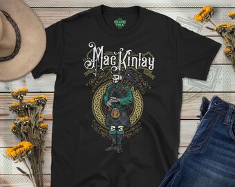 Clan MacKinlay Scottish Tartan Bagpiper T-Shirt, Family Heritage